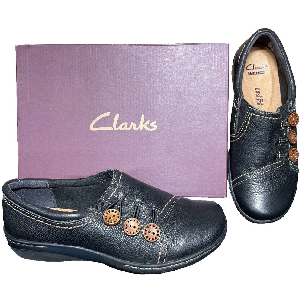NEW Clarks Evianna Charm Size 7W Black Tumbled Leather Comfort Slip-On Shoes